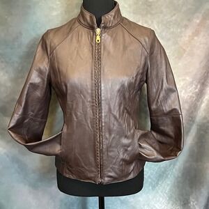 Wilsons Leather Jacket Women‎ Brown Zip Front Stand Collar Moto Style